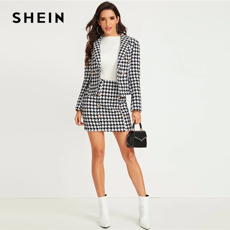 

SHEIN Black And White Shawl Collar Houndstooth Print Blazer And Bodycon Skirt Elegant Set 2019 Autumn Ladies Buttoned Suit Sets