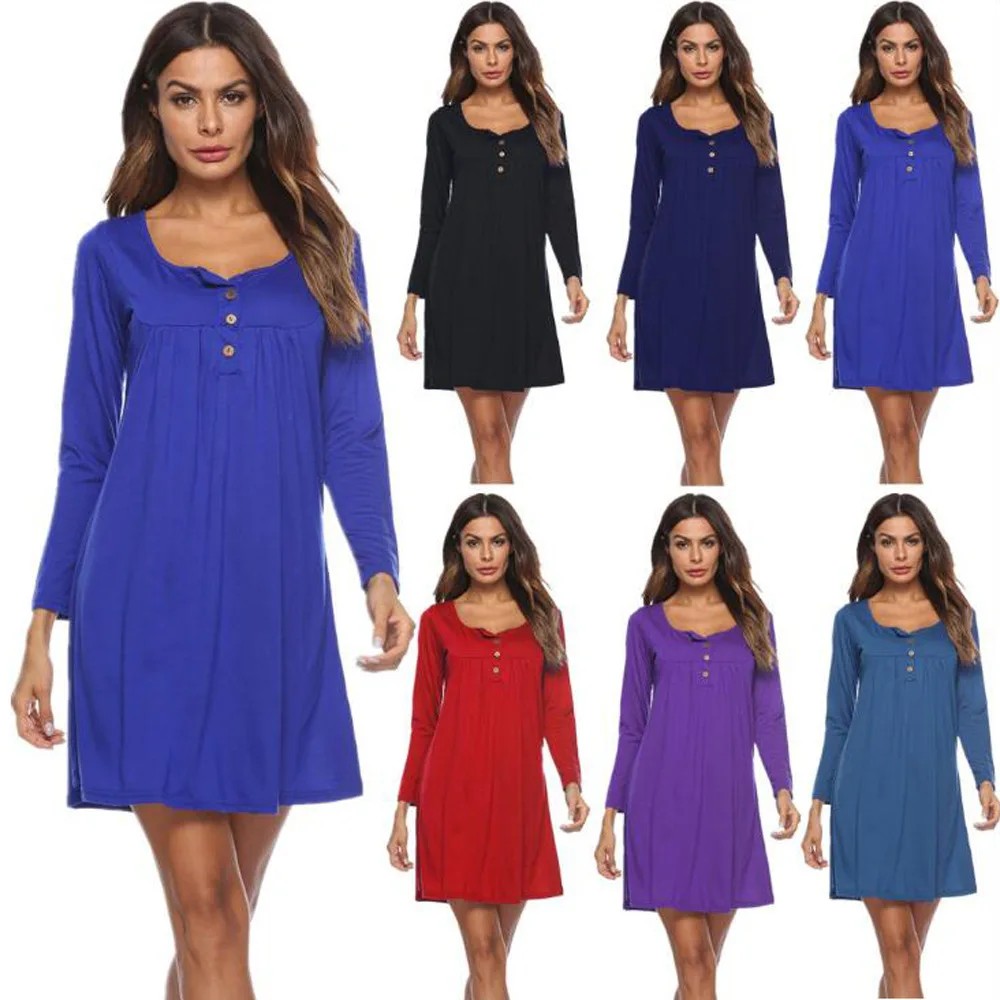 Модное повседневное женское однотонное платье с длинными рукавами и круглым