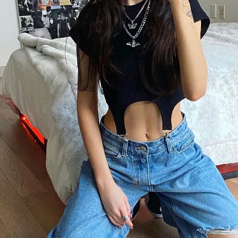 

European And American Open Navel Short Sleeve T-Shirt Women's Summer 2021 New Fashion Street Metal Tooling Design Harajuku Groot