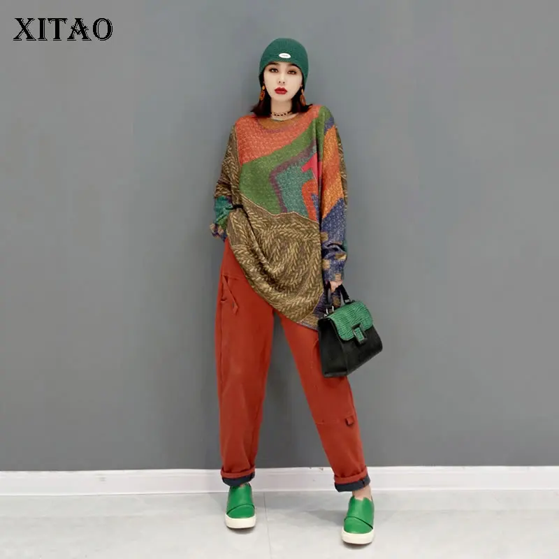 

XITAO Vintage Women Sweater Fashion Contrast Color Printing Dyeing Loose Pullover 2021 Autumn Winter New All-match JL0156