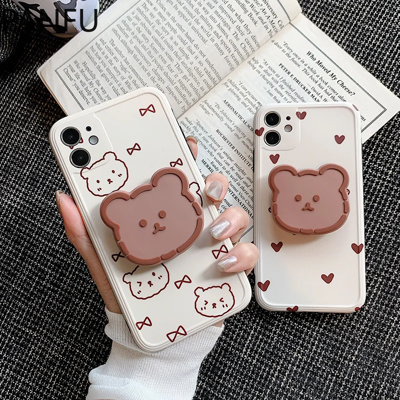 

Cute 3D Bear Stand Holder Phone Case For iPhone 12 11 Pro Max 12Mini XR XS Max X 7 8 Plus Cartoon Soft Silicone Phone Back Cover