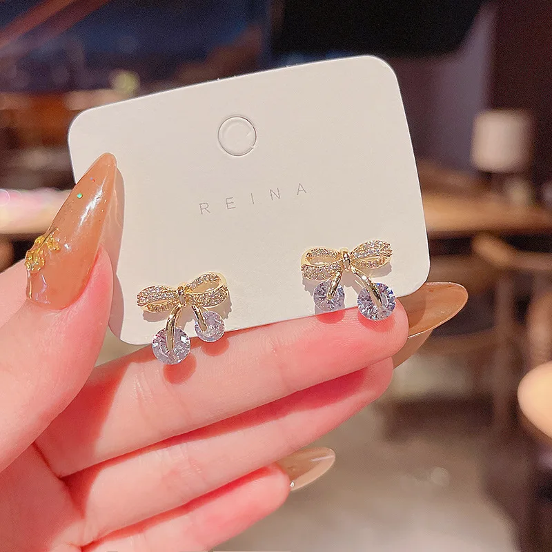 

Wholesale Sterling Silvers Pin Post New Bow Zircon Earrings Female Women Stud Earrings Jewelry Gift