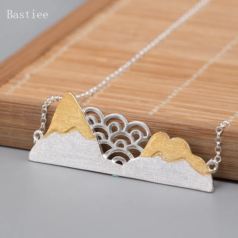 

Bastiee Vintage Necklace For Women 925 Sterling Silver Jewelry Sea Mountain Link Chain Chinese Pendant Gold Plating