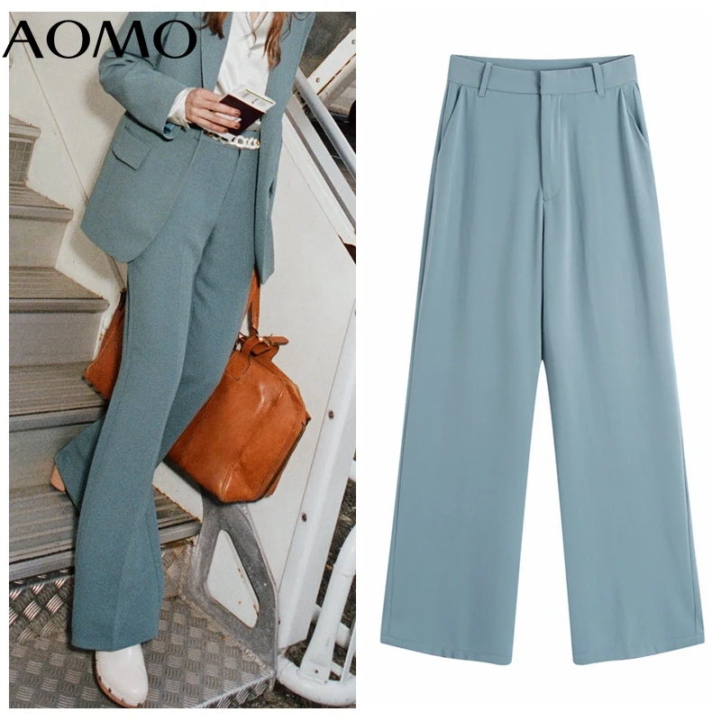 

AOMO 2021 Fashion Women Solid Wide Leg Suit Pants Trousers Pockets Office Lady Elegant Pants Pantalon BE326A