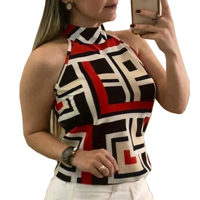 

2021 summer hot style top sexy halter neck irregular geometric print small vest women tank top
