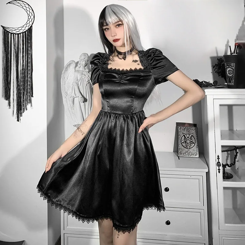 

Aesthetic Goth Black Mini Dress Vintage Elegant Puffed Short Sleeve High Waist Mini Dress Gothic Lolita Backless Partywear