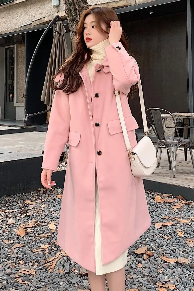 

2020 fall/winter over-the-knee Hepburn style pure color woolen coat women's mid-length and small square button woolen coat