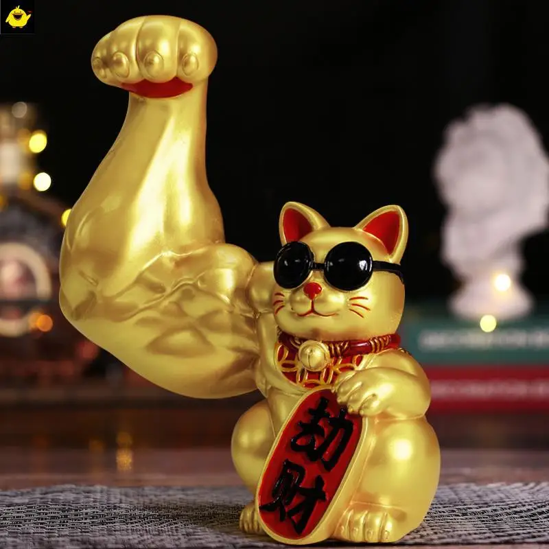 

Muscle Arm Lucky Cat Ornaments Golden Resin Crafts Living Room Cute Animal Small Decoration Gift Creative Modern Home Decoration