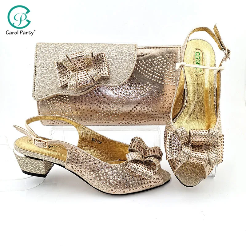 

African 2021 New Arrival Champange Gold Color Mid Heels Italian Design Women Shoes and Bag To Match for Party Wedding