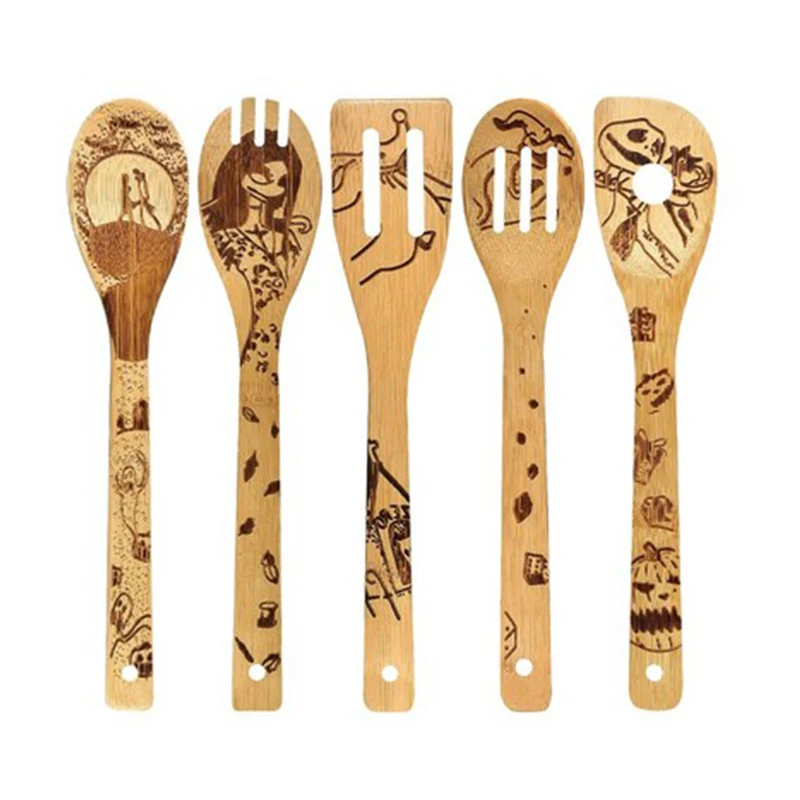 

5PCS Halloween Bamboo Wood Wok Shovels Slotted Spatula Spoon Mixing Utensils