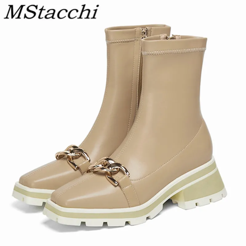 

MStacchi Classics Women Mid-calf Boots Boots Zipper-Sid Square Toe Metal Decoration Platform Shoes Outdoor Wedges Botas Mujer