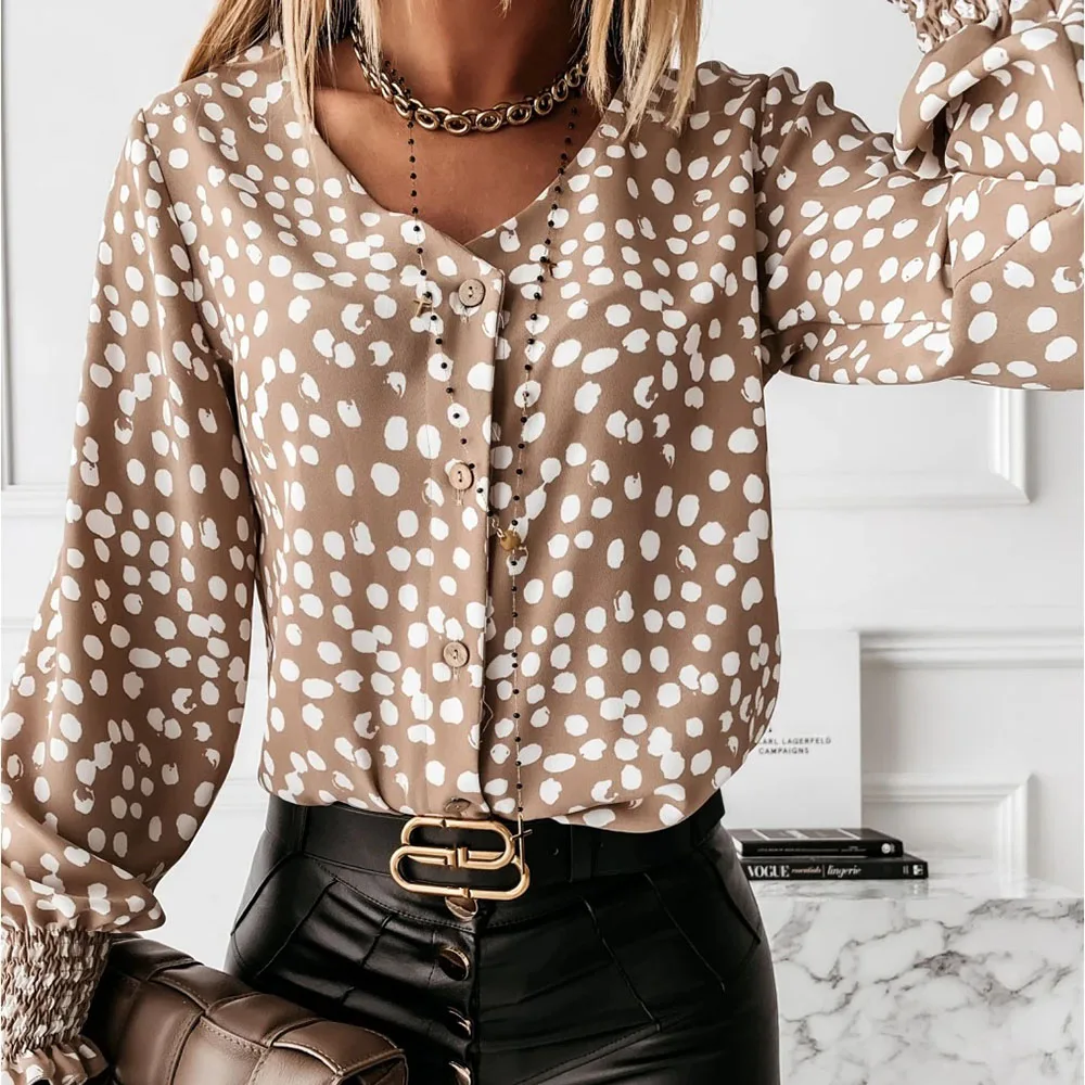 

Women Blouse V-neck Polka Dot Top Long Sleeve Shirt Western Style African Office Ladies Casual Fashion Commuter 2021 Spring