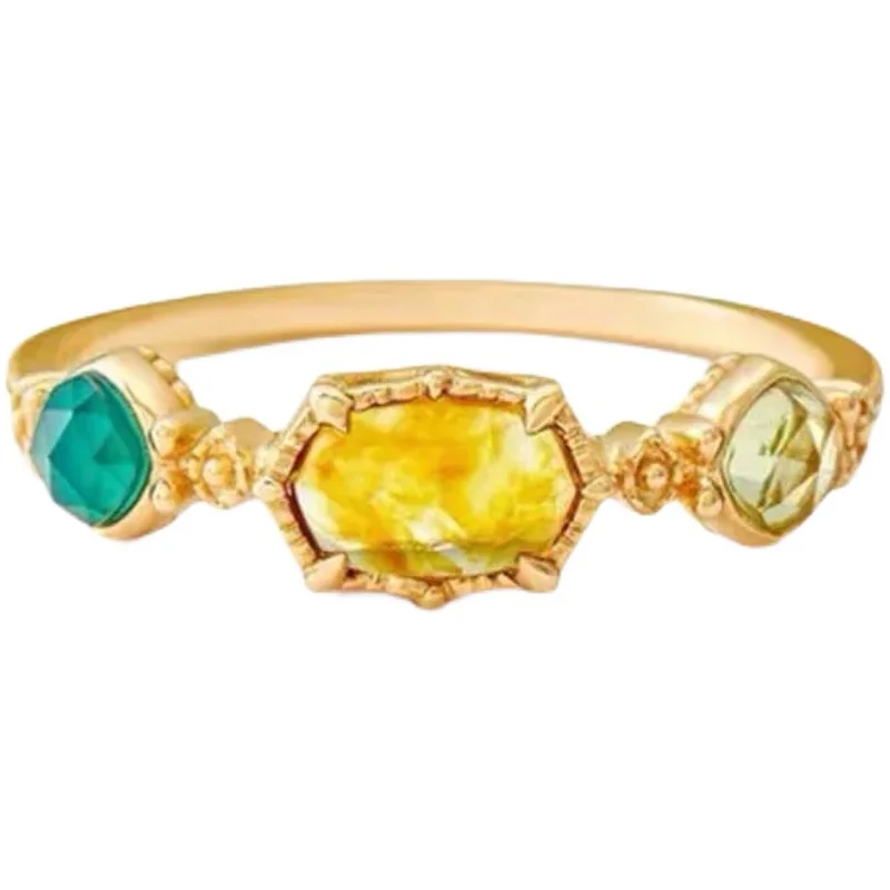 

Japanese and Korean Agete Same Style 20 Autumn and Winter Amber Green Agate Crystal Gemstone Olivine S925 Sterling Silver Ring