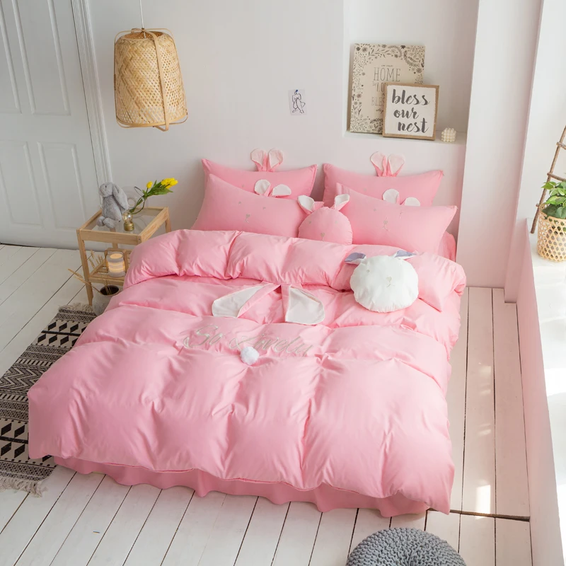 Washed Cotton Princess Style Home Soft Duvet Cover Pillowcases Bed Sheet 4 Pcs Linen Ruby Pink White Blue Queen Girls | Дом и сад