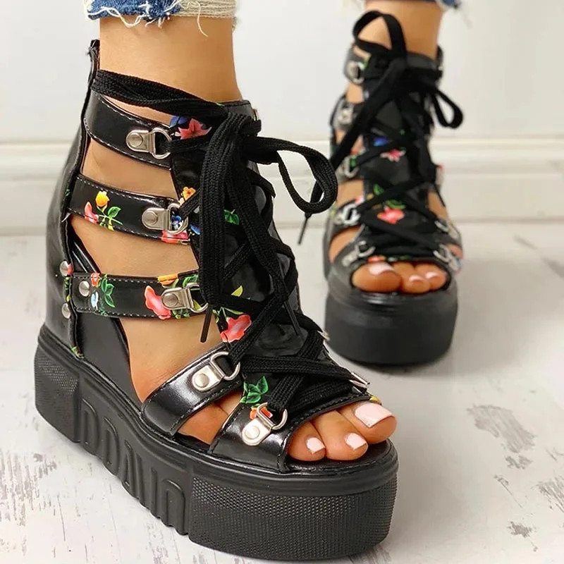 

Women Sandals 2021 Summer High Heel Casual Flower Floral Open Toe Wedges Platform Height Increasing Chunky Ladies Party Shoes