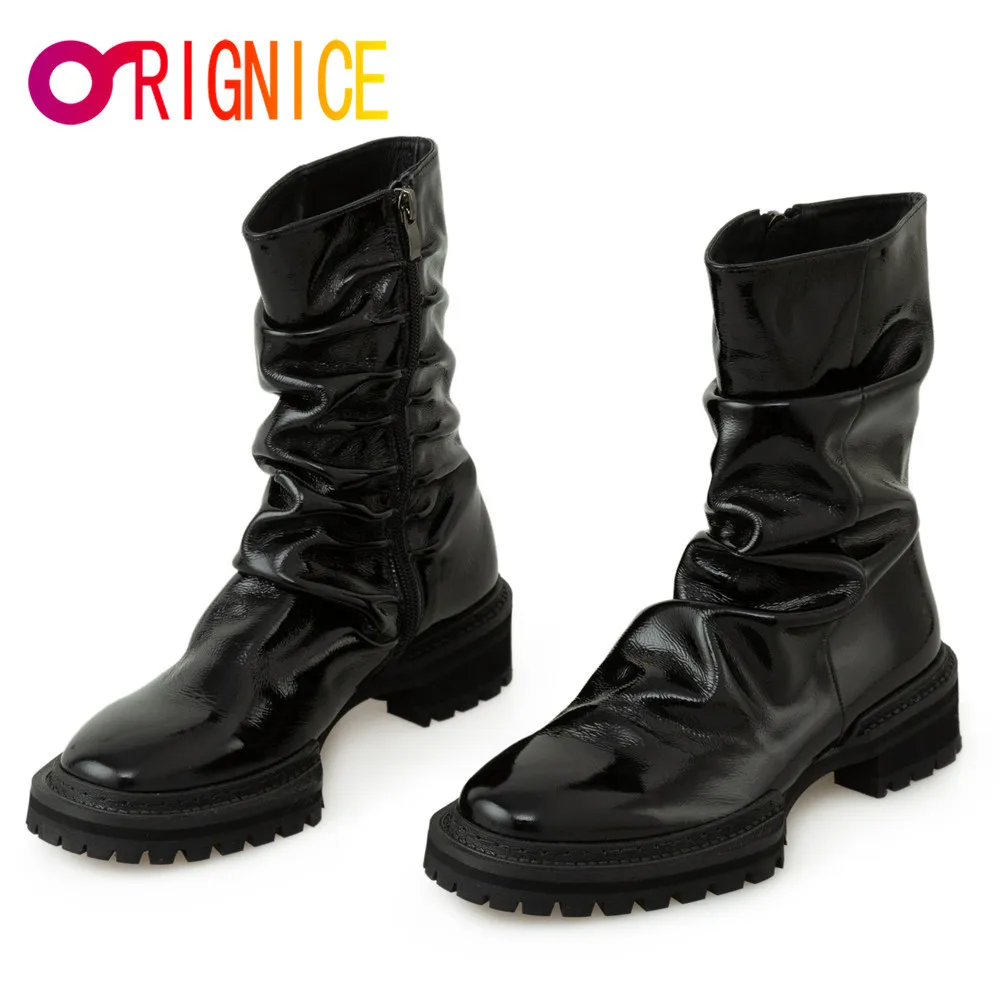 

Orignice 2021 New Arrival Autumn Waterproof Pleated Cow Patent Leather Ankle Boots Low Heels Black Round Toe Zipper Women Shoes