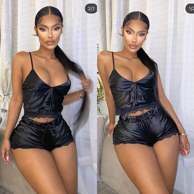 

All Black Sexy Nightwear Matching Sets For Women Spaghetti Strap Tank Crop Top Shorts Lounge Wear 2 Piece Outfits Wholesale