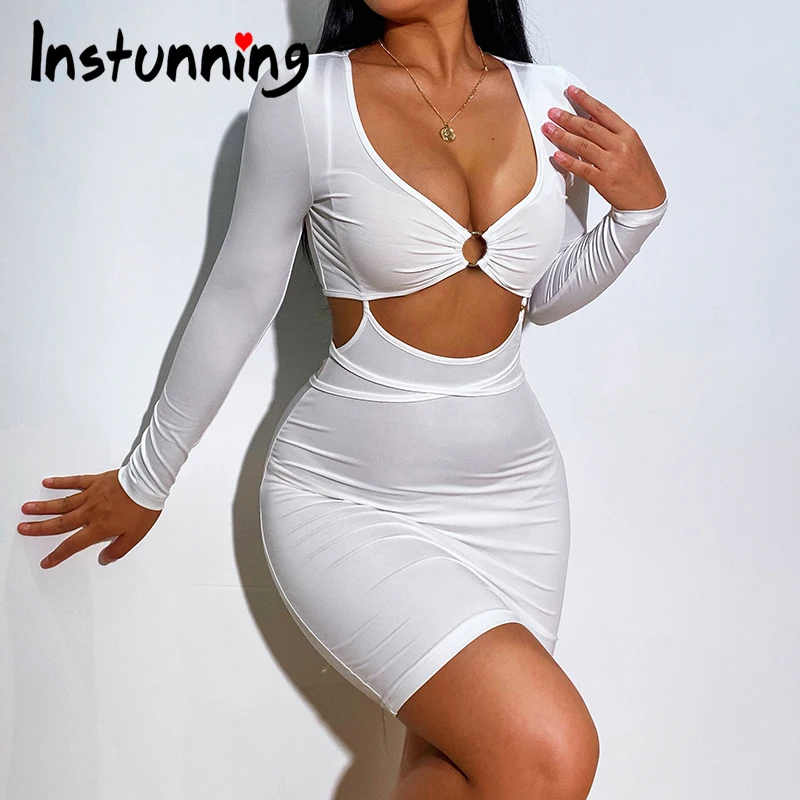 

Instunning Women Hollow Out Drawstring Fake Two Pieces Dress 2021 Autumn Sexy Club Elegant Bodycon Casual Streetwear Mini Dress