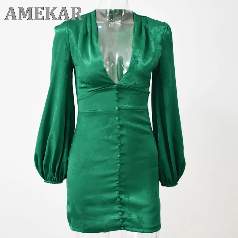 

Green satin bodycon party dress women vintage flower print button dress sexy v neck lantern sleeve dress vestidos de fiesta 2021