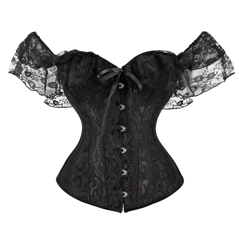 

Gothic Bustier Lingerie Women Short Sleeve Corset Solid Color Tie-up Boat Neck Close-fitting Crop Tops Cropped White/ Black