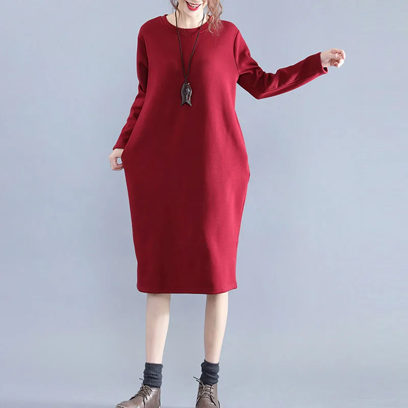 Корейское осенне зимнее женское миди базовое платье с круглым вырезом серого и