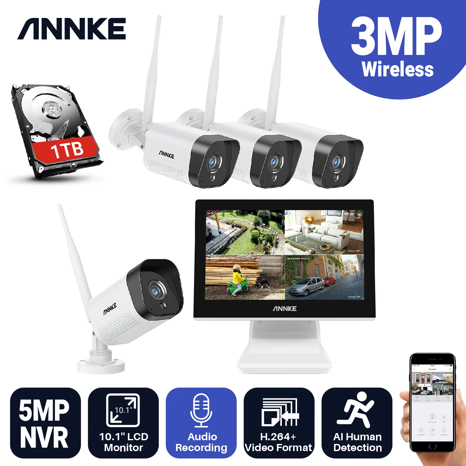 Беспроводная система видеонаблюдения ANNKE 4CH 3MP FHD 10-дюймовый ЖК-экран сетевой