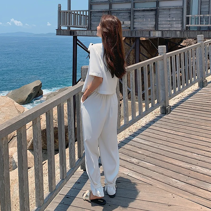 

Suits for Women 2 Piece Set Blazer and Pants Fashion Elegant Korean White Suit Coat High Waist Wide Leg Pants Outfit 2021 Summer