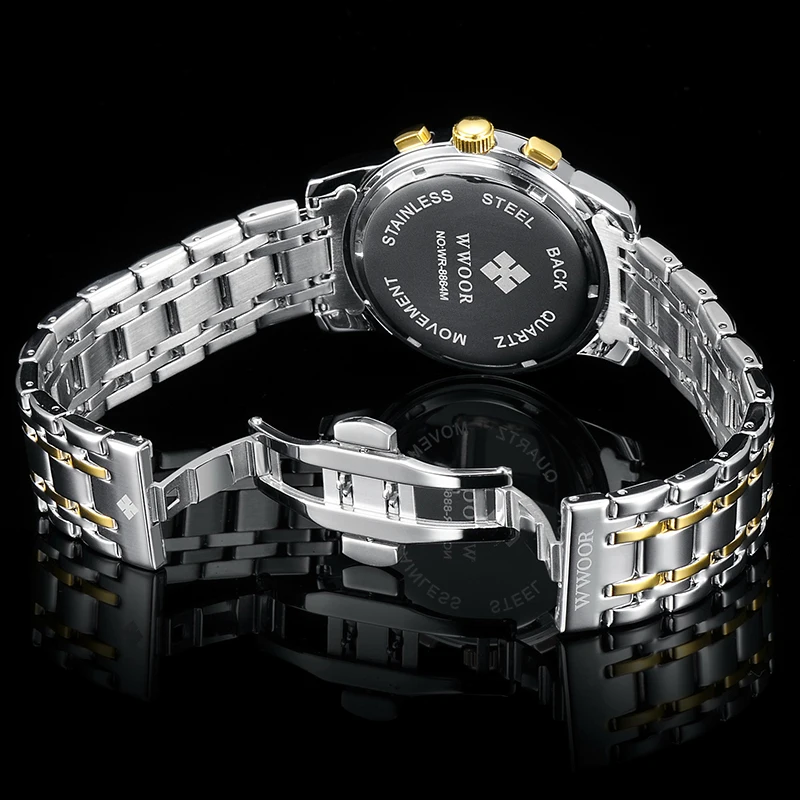 

WWOOR Top Brand Luxury Watches Mens Analog Date Quartz Sport Watch Waterproof Gold Silver Full Steel Wristwatch Male Chronograph