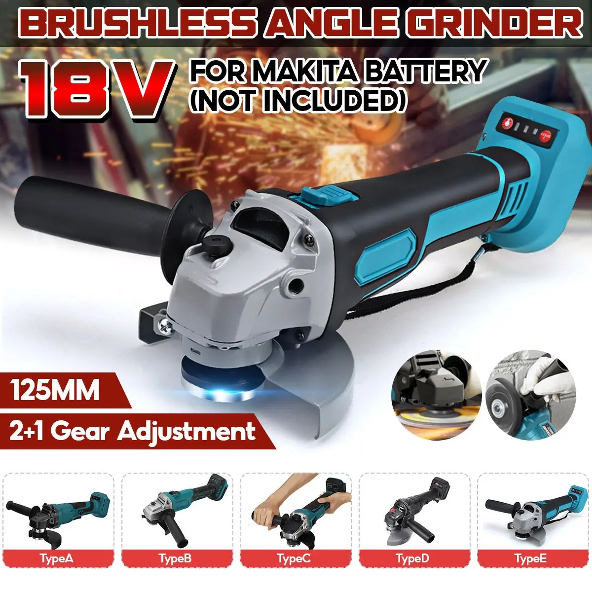 

125mm Cordless Brushless Angle Grinder 18V Battery Grinding Machine Home DIY Woodworking Cutting Grinding Metal Wood (Only Tool)