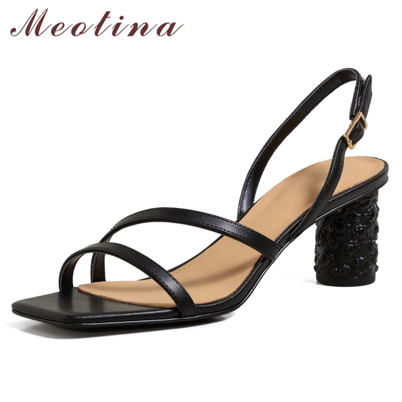 

Meotina Sandals Women Genuine Leather High Heel Shoes Narrow Band Square Toe Shoes Round Heel Cow Leather Ladies Sandals Summer