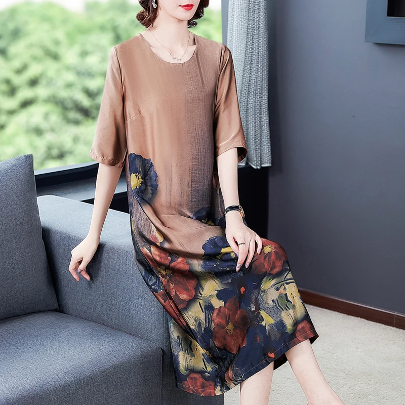 Банкет свободные шелковое платье с принтом коротким рукавом 2020 лето новый аромат