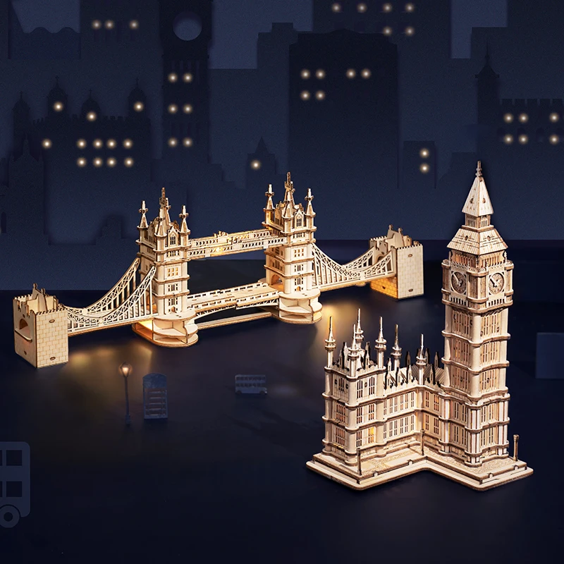 Robotime Rolife DIY 3D Tower Bridge Big Ben Famous Building Wooden Puzzle Game Assembly Toy Gift for Children Teen Adult | Игрушки и