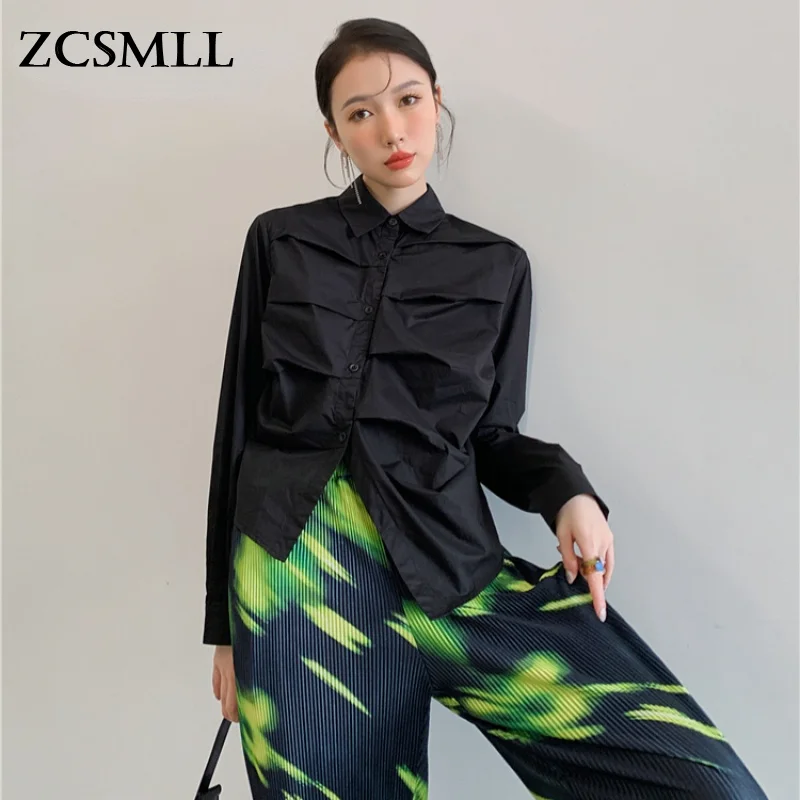 

ZCSMLL Black Ruched Long Sleeve Top Designer Shirt For Women Button Up Collared Shirt Blouse Fall 2021 Trend Fashion Clothing