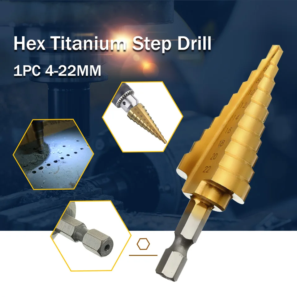 

1pcs Hex Titanium Step Cone Drill Bit 4-22MM Hole Cutter HSS For Sheet Metalworking Wood Drilling High Quality Woodworking Tools