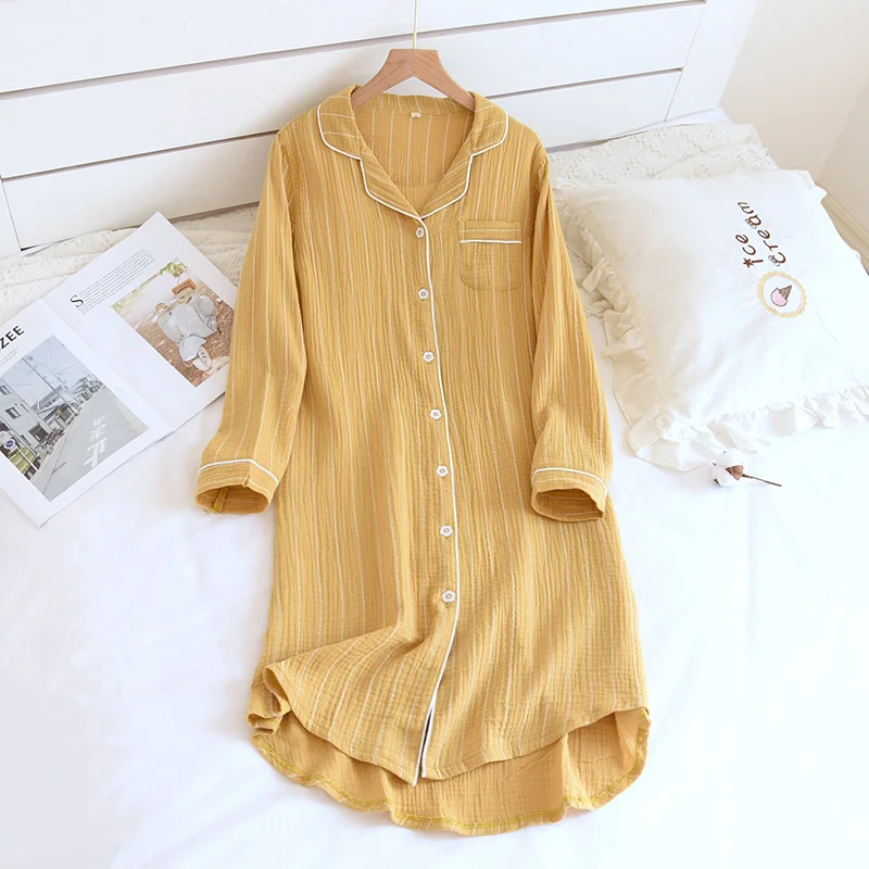 

Summer Ladies Cotton Nightgowns Long-sleeved Simple Plus Size Sleepwear Double-layered Gauze Sleeping Dress Striped Sleep Tops