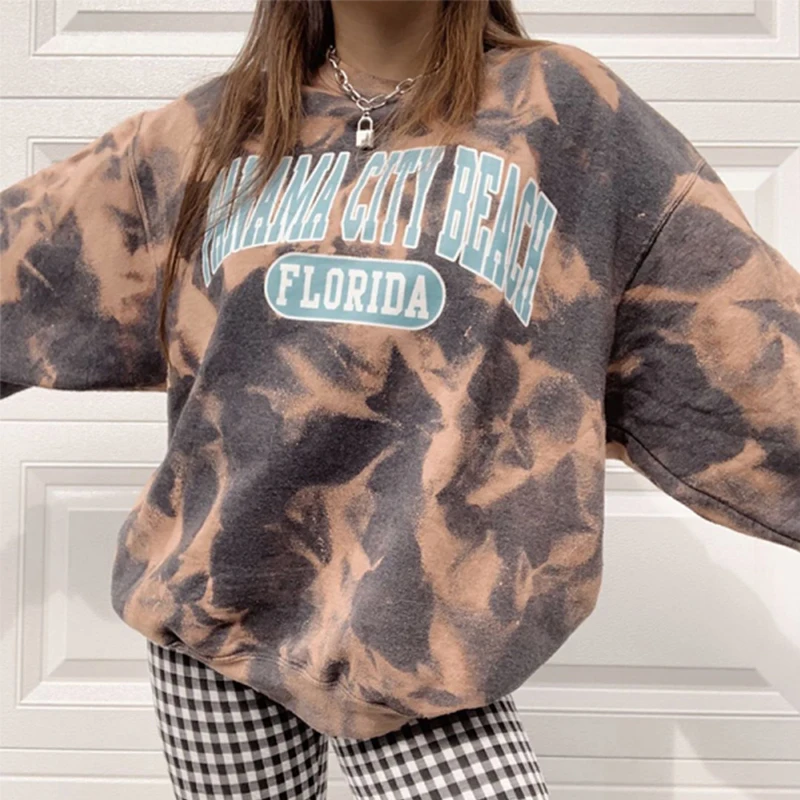 

Tie-Dye Hip Hop Stylish Letter Printed Sweatshirt Hoodies Womens 2020 Autumn Casual Drop-shoulder Oversized Streetwear Plus Size