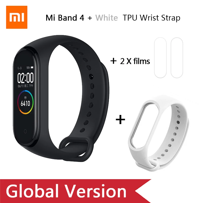 Ad White strap Глобальная версия, Xiaomi mi-браслет 4 mi Band 4, музыкальный цветной экран, фитнес-частота сердечных сокращений, Bluetooth 5,0, умные часы, Russina - Цвет: Ad White strap