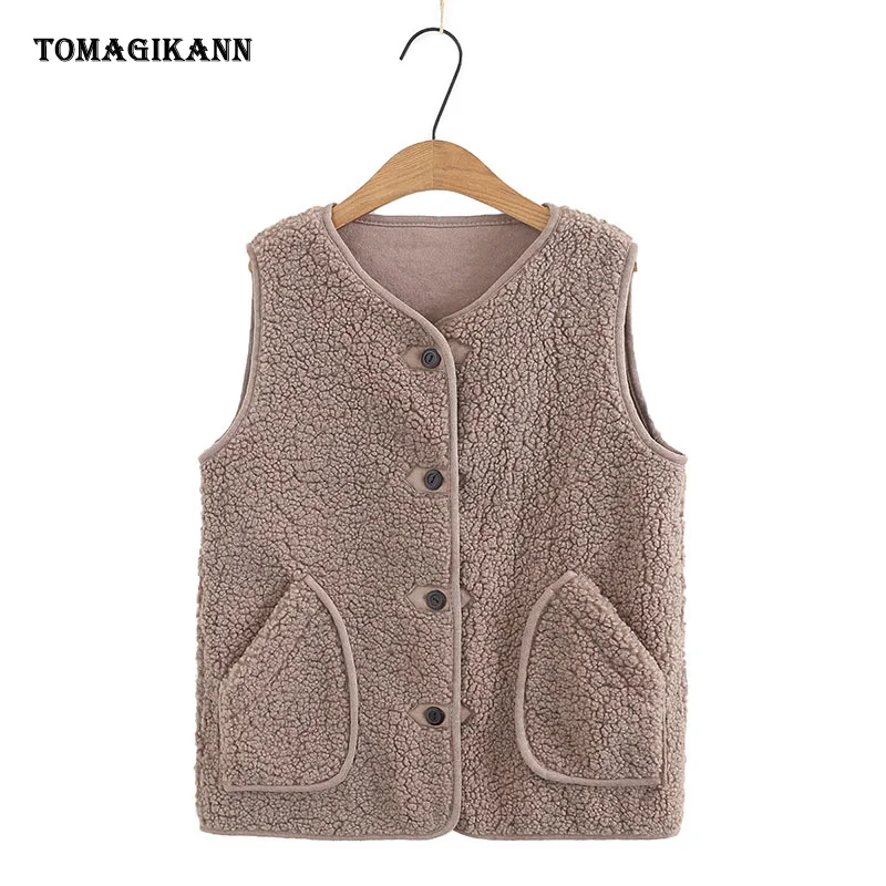 

5XL Women Warm Vests Coats Solid V Neck Button Up Sleeveless Outerwear Autumn Winter Casual Pockets Female Fleece Waistcoat