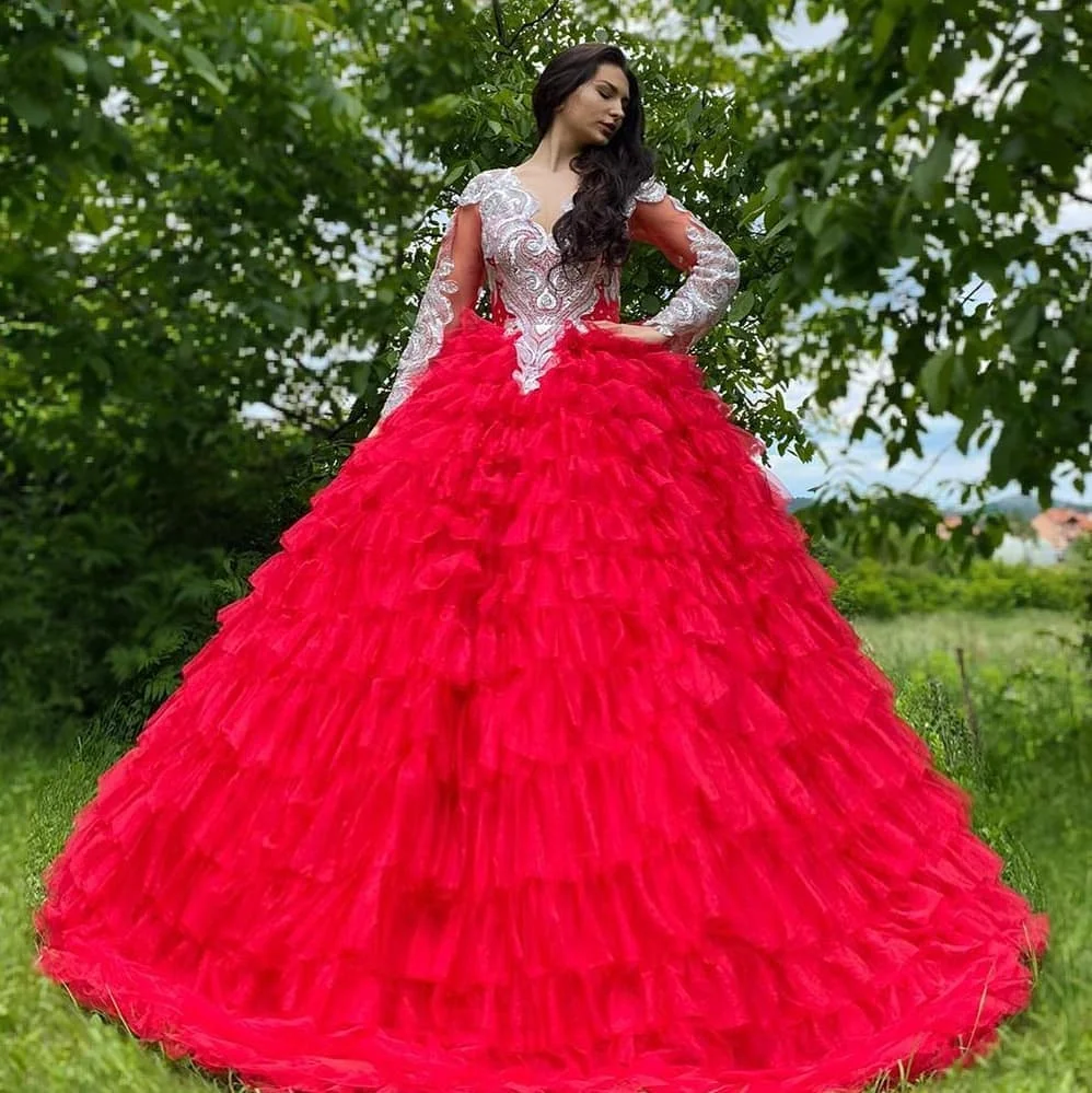 

Sexy V Neck Red Prom Dresses Custom Made Sliver Appliques Long Sleeves Evening Dress Lush Tiered Tulle Formal Party Gown