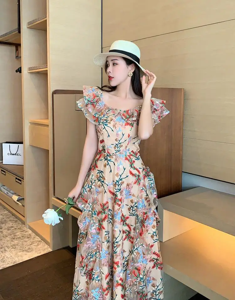 

French Style Sweet Ruffle Long Dress for Women Summer 2021 New Elegant Embroidery High Waist Off-shoulder Maxi Dresses Female