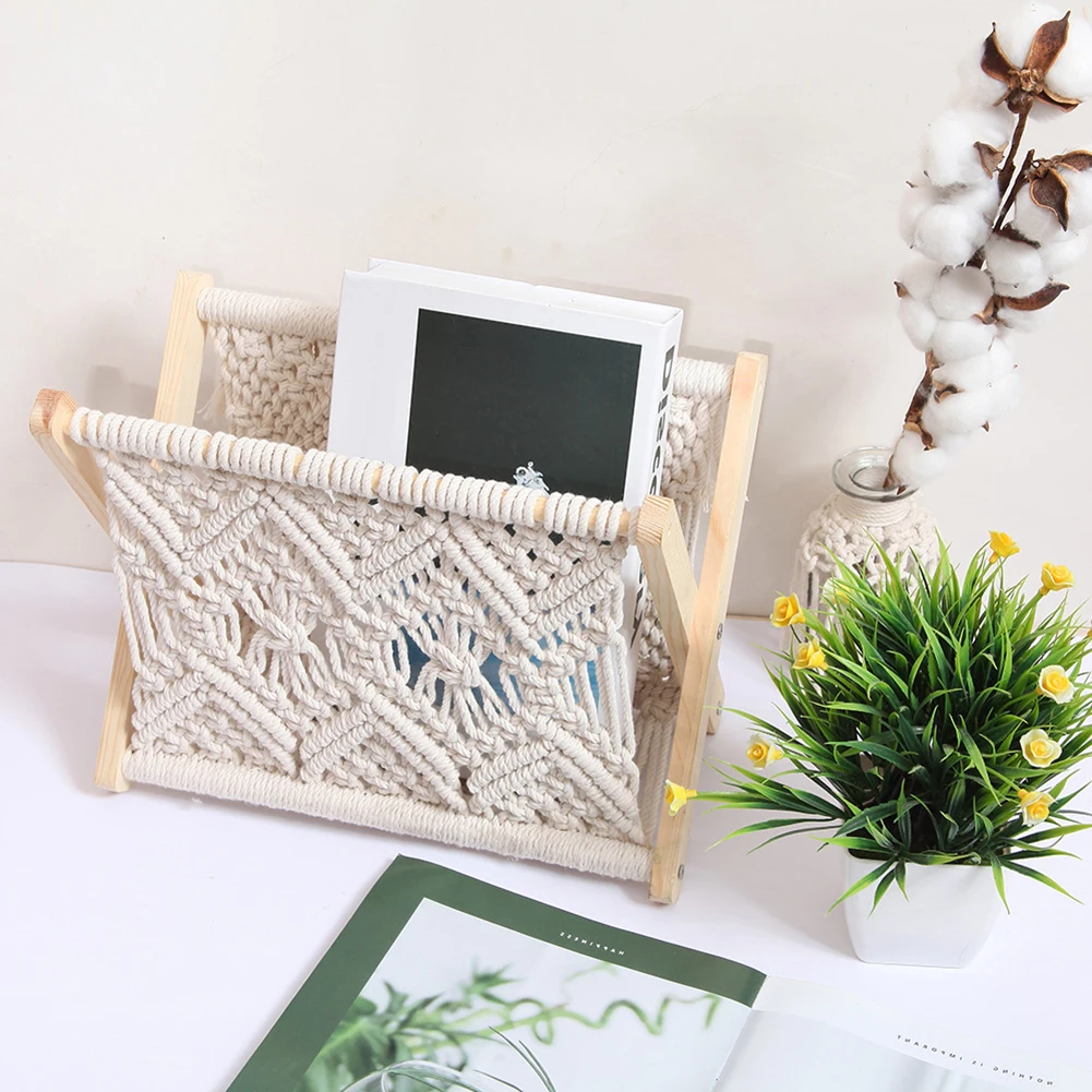 

Macrame Magazine Rack Small Boho Books Newspapers Holder Organizer Table Desktop Storage Rack Supplies Container