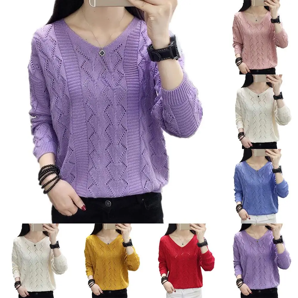

Женский джемпер с длинным рукавом, повседневный Свободный пуловер с V-образным вырезом, Повседневные вязаные топы