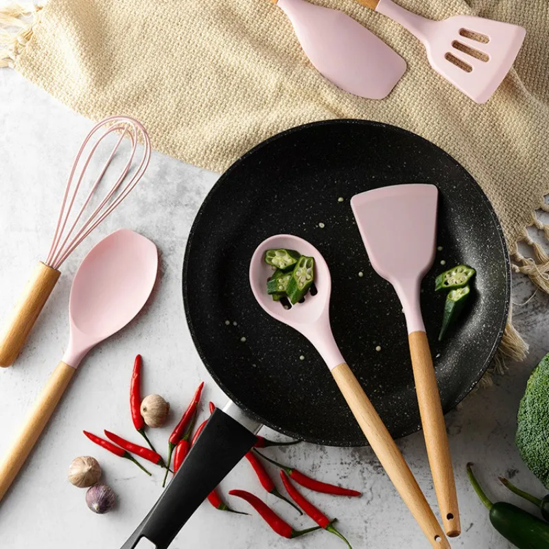 

11PCS Cooking Tools Set Silicone Cooking Utensils Set Non-stick Spatula Shovel Wooden Handle Kitchen Tools With Storage Box
