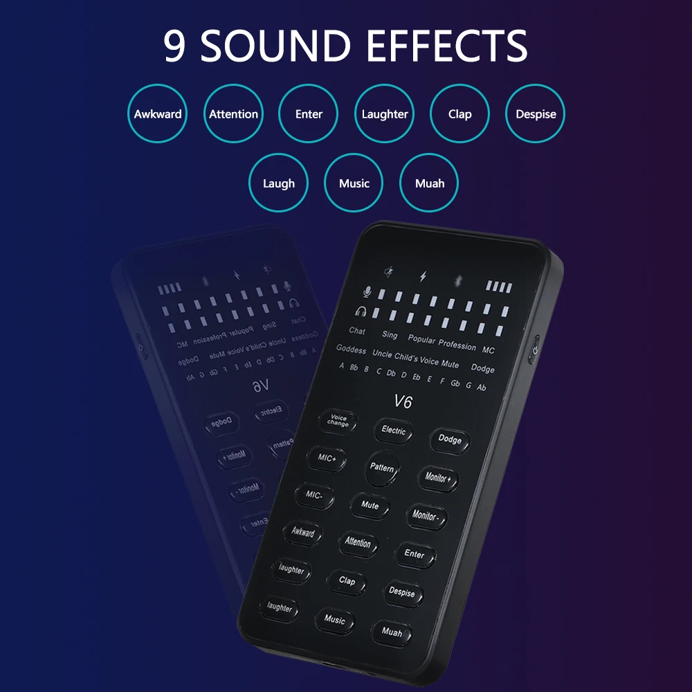 

V6 Live Sound Card with Audio Cable USB Cable BT Accompaniment Sound Effects Universal for Phone Computer