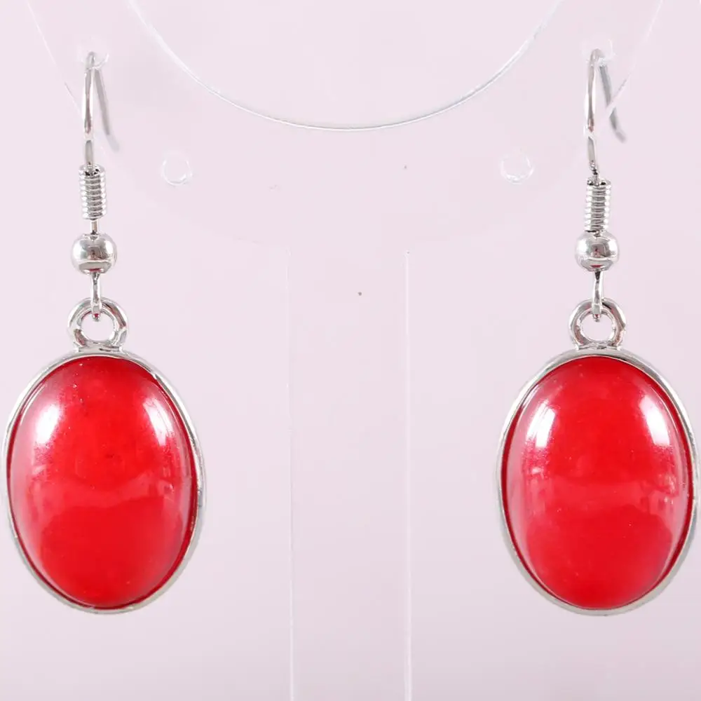Женские серьги из натурального камня красные нефриты овальные нержавеющей стали