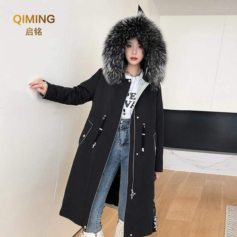 

New Real Fur Coat Removable Liner Mink Fur Medium Long Hooded Parka Coat Raccoon Fur Collar Parker Winter Jacket Women Fur Hat