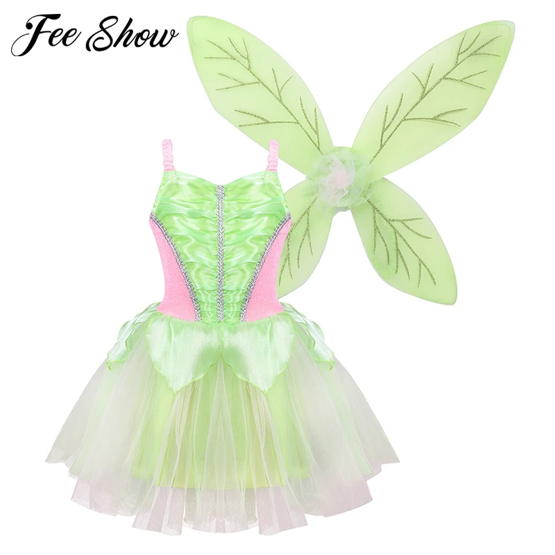 Kids Girls Princess Fairy Costume Sleeveless Mesh Dress Glittery Wings Set Children Halloween Cosplay Party Up | Детская одежда и