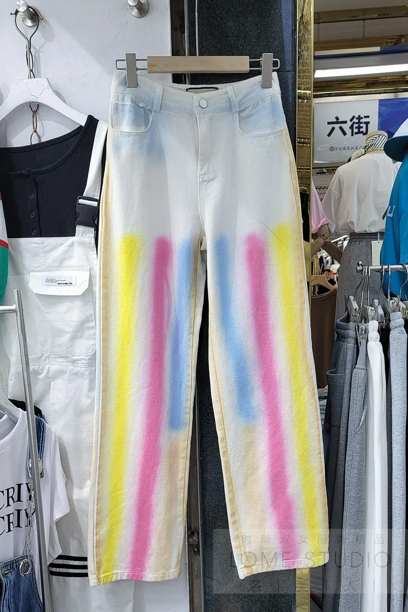 

Vintage Spring New Fashion Zipper Gradient Rainbow Tie-Dye Straight Jeans Pants for Women All-match Bleached Long Denim Trousers