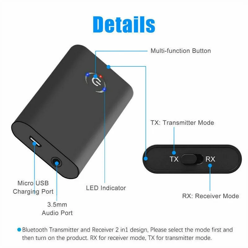 

2 In 1 Wireless Bluetooth 5.0 Transmitter Receiver Chargable Audio For Car Speaker 3.5mm AUX Hifi Music Audio Adapter