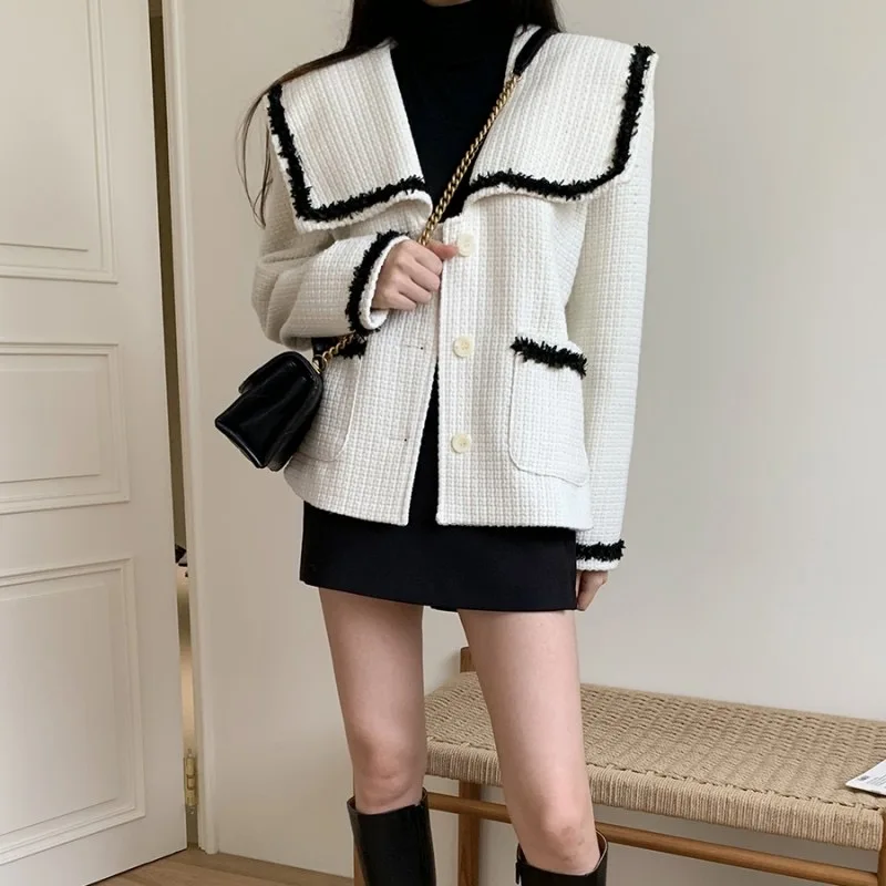 

Осенне-зимние женские куртки, популярный цвет, стеганый, утепленный матросский воротник, белый, с длинным рукавом, женская одежда, ретро, Пов...